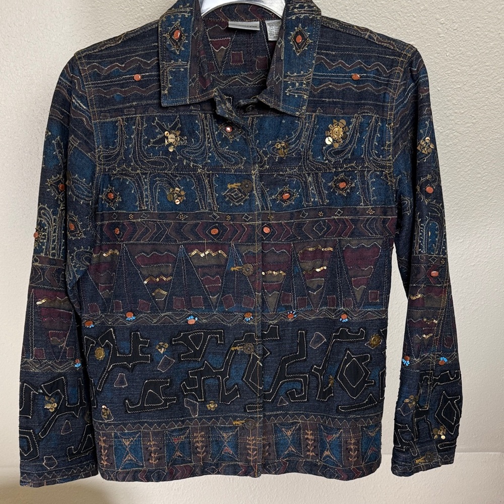 CHICO'S Embellished Denim Jacket Size 1